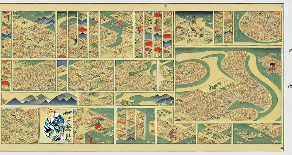 Prompt: isometric miniature map dashboard with time series charts, pie plots and other modern graphics, with small creatures on it. monografia by diego rivera ( ukiyo - e influence )