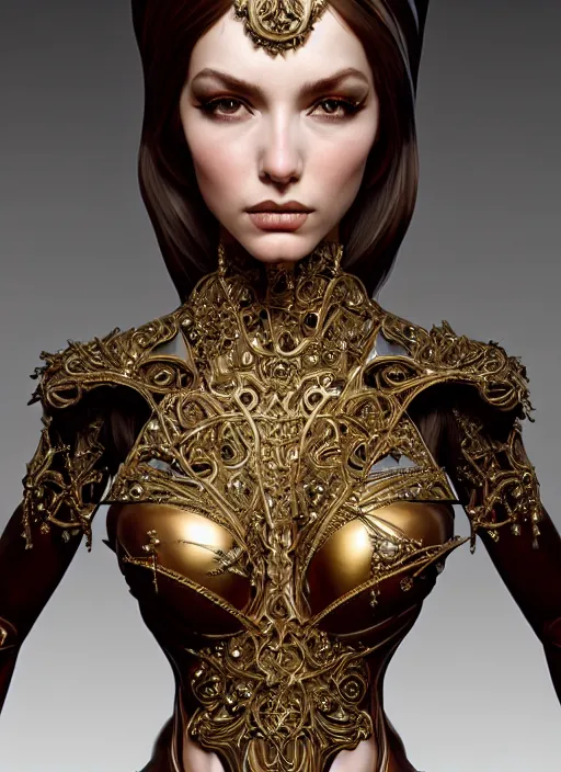 Prompt: a portrait of female in wearable sculpture art, ornate, metal works, intricate details, elegant, highly detailed, digital photography, artstation, glamor pose, concept art, smooth, sharp focus, art by artgerm and greg rutkowski, 3 d character, full body, film, photorealistic, unreal engine