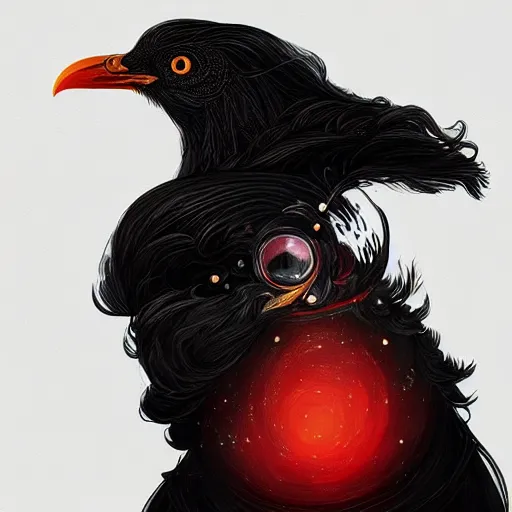 Image similar to Portrait of a Black Chicken in space, fire red comb, dark fantasy, intricate, elegant, highly detailed, digital painting, artstation, concept art, smooth, sharp focus, illustration, art by Sam Youn and Fernanda Suarez and Artem Demura and alphonse mucha