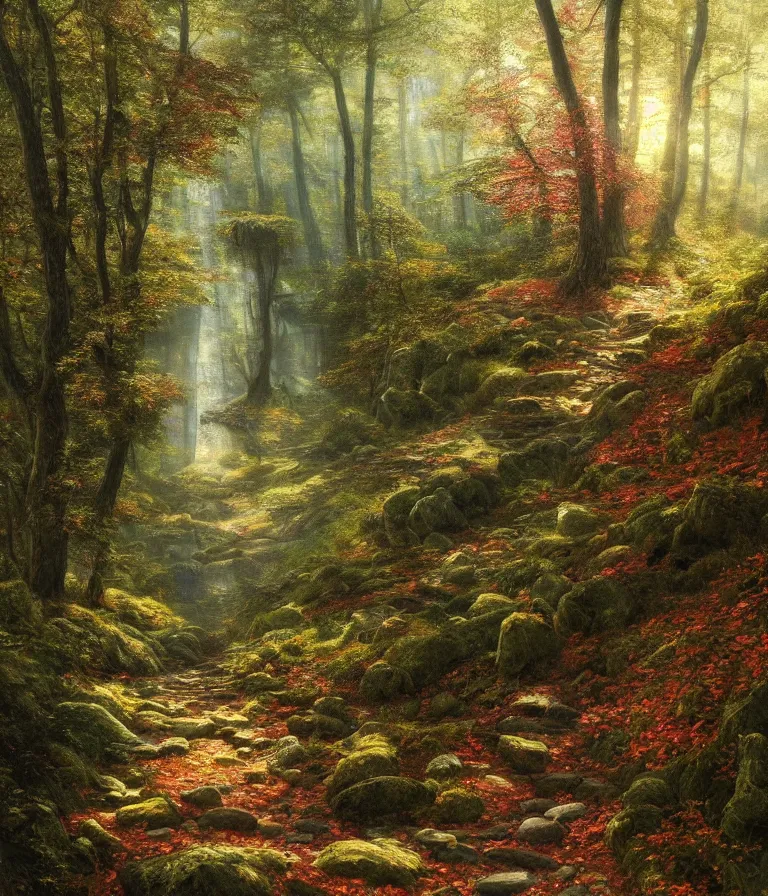 Prompt: a beautiful hyperrealistic detailed painting of a stone path leading up and through a magical forest, by federic edwin church, by fitz henry lane, gigantic, 3 d, brilliantly coloured, intricate, ultra wide angle, trending on artstation, whispy, sun beams, light, morning, volumetric lighting, polished, micro details