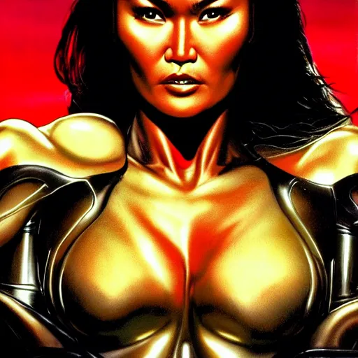 Image similar to tia carrere in cyber metal suit, atmospheric lighting, painted, intricate, golden hour, ultra detailed by alex ross