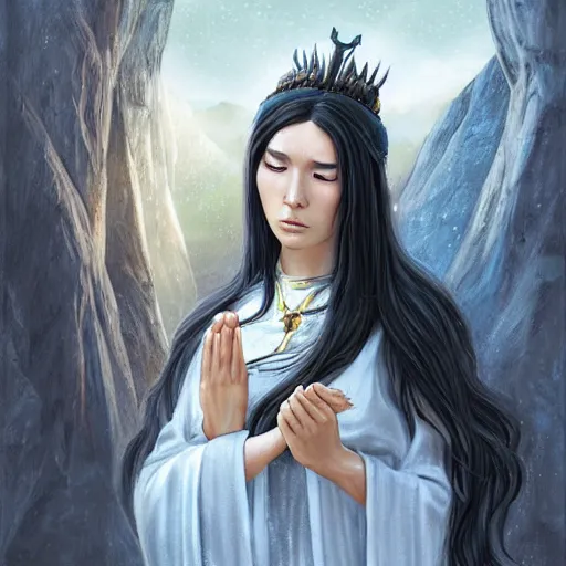 Prompt: a priestess with long black hair, praying for the sun god. Epic fantasy, 8k. realistic. Detailed. Digital painting. Sharp focus, illustration, Beautiful, gorgeous. Epic fantasy.
