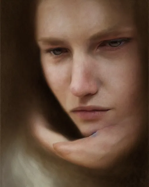 Image similar to cinematic portrait of young and severe woman with a crooked nose, intricate, elegant, by alyssa monks, highly detailed, symmetrical face, fine details, masterpiece, trending on artstation