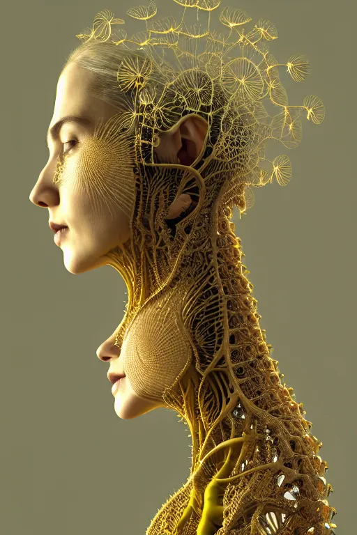 Image similar to intricate hyper detailed ultra sharp 3 d render of a beautiful porcelain biomechanical woman profile portrait, large pore fungi embroidered, cyberpunk art nouveau, haute couture leaves stems blooming dahlia transparent fractal dandelion yellow pistil filigree roots, intricate details, octane render, volumetric cinematic lighting, vray tracing, 8 k post - production