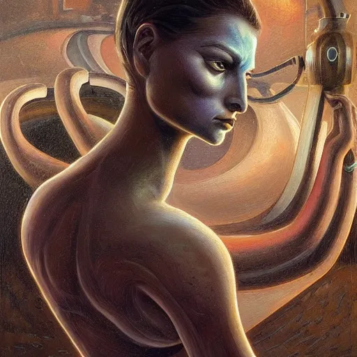 Image similar to detailed face of a woman with obsidian eyes in a biomorphic courtyard with dna sculptures at a science expo, atmospheric, ambient, pj crook, syd mead, livia prima, artgerm, greg rutkowski, nick alm, casey baugh