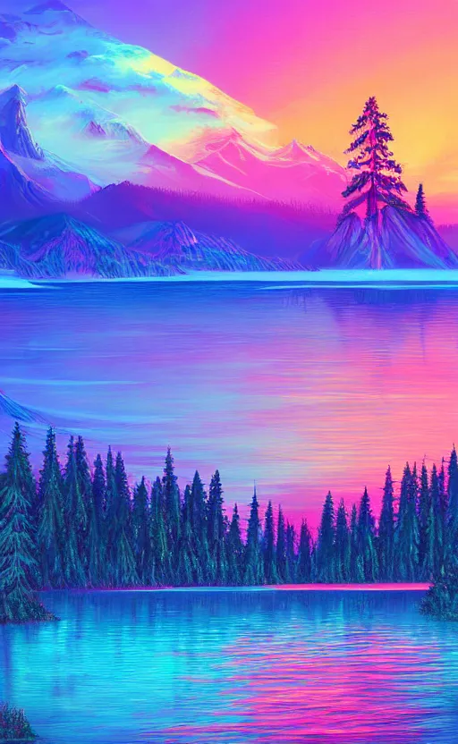 Image similar to beautiful award winning synthwave painting of a canadian lake, extreme detail, digital art, 4 k, ultra hd