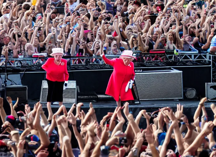 Image similar to photo still of queen elizabeth on stage at vans warped tour!!!!!!!! at age 7 0 years old 7 0 years of age!!!!!!! stage diving into the crowd, 8 k, 8 5 mm f 1. 8, studio lighting, rim light, right side key light