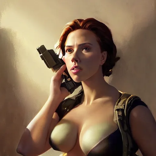 Image similar to greg manchess portrait of scarlett johansson as roided thick very muscular lara croft, fantasy, medium shot, asymmetrical, profile picture, organic painting, sunny day, matte painting, bold shapes, hard edges, street art, trending on artstation, by huang guangjian and gil elvgren and sachin teng