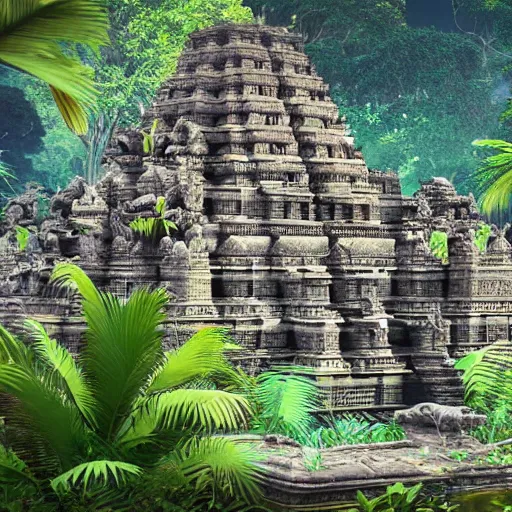 Image similar to 4 k unreal engine render of an ancient never seen before indian high detail temple islands. complex architecture with intricate aetheral pilars. high detailed water. jungle background. afternoon light. hyper realistic render, digital illustration, trending on art station