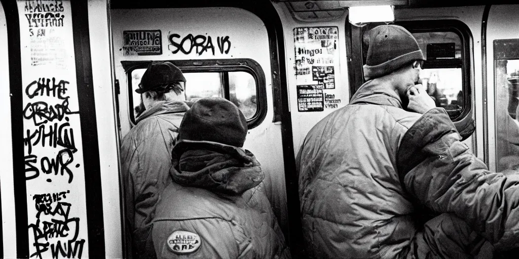 Image similar to new york subway cabin 1 9 8 0 s inside all in graffiti, man in carhartt jacket closeup, policeman closeup, film photography, exposed b & w photography, christopher morris photography, bruce davidson photography