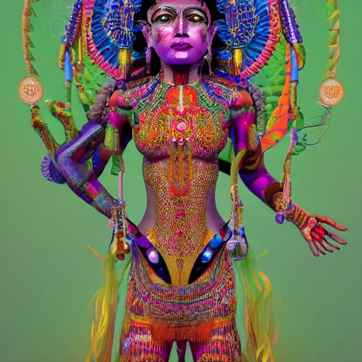 Image similar to Full body photo of the most beautiful mayan goddess, in the style of Peter Mohmacher and Mati Klarwein, trending on Artstation, digital art, symmetrical artwork, cinematic, hyper realism, high detail, octane render, 4k, 8k