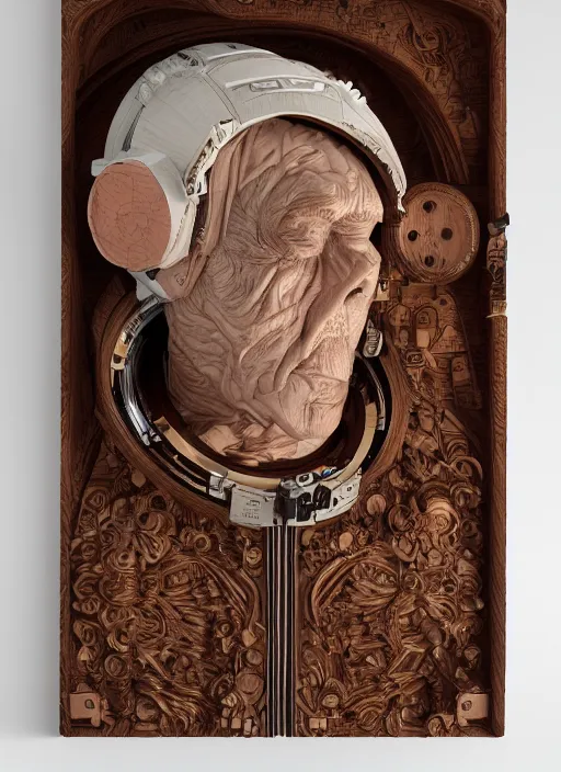 Prompt: high intricate portrait of an astronaut carved from wood in baroque style, studio light, maria panfilova, andrea savchenko, mike kime, ludovic plouffe, qi sheng luo, oliver cook, trending on artstation