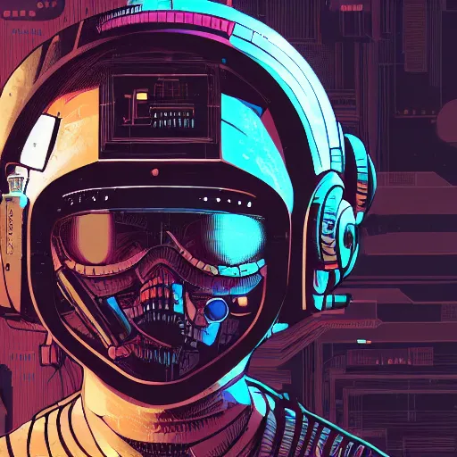 Image similar to in the style of max prentis and deathburger and laurie greasley a close up of a young explorer wearing a cyberpunk headpiece sitting connected to an ancient and huge mechanical head, highly detailed, 8k wallpaper