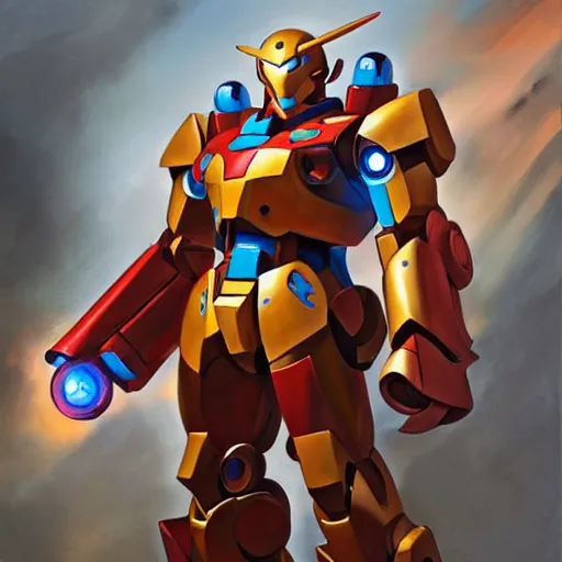 Image similar to greg manchess portrait painting of armed mega shonen gundam mecha ironman as overwatch character, medium shot, asymmetrical, profile picture, organic painting, sunny day, matte painting, bold shapes, hard edges, street art, trending on artstation, by huang guangjian and gil elvgren and sachin teng