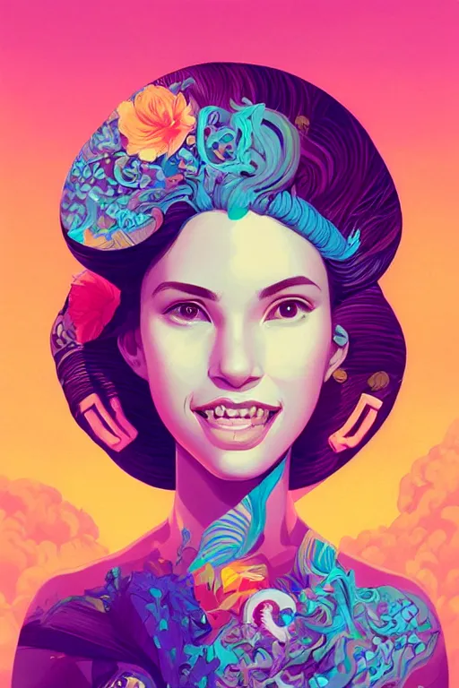 Image similar to a smiling cute woman beautiful skin and wavy hair, tristan eaton, victo ngai, artgerm, rhads, ross draws