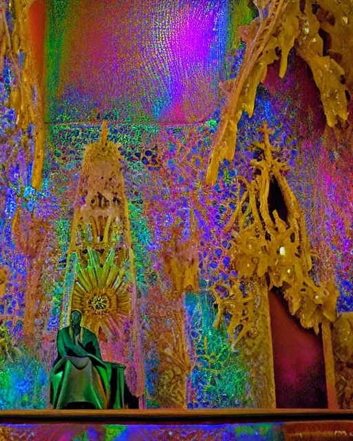 Image similar to King sitting in an iridescent throne designed by Gaudi (inspired by Sagrada Familia), bokeh, long shot