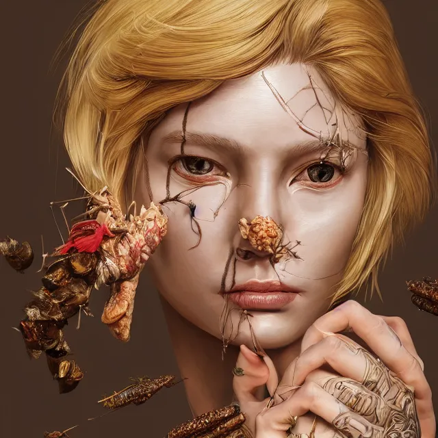 Prompt: studio portrait of blonde women eating insects at claridges, ultrafine hyperrealistic detailed face illustration by kim jung gi, irakli nadar, intricate linework, sharp focus, bright colors, matte, octopath traveler, final fantasy, unreal engine highly rendered, global illumination, radiant light, intricate environment