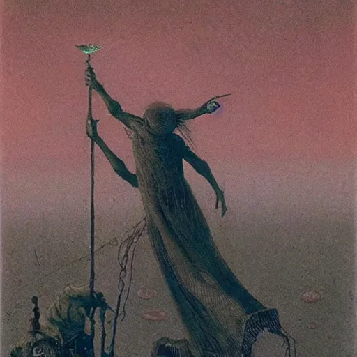 Image similar to The Fool Tarot card by Beksinski