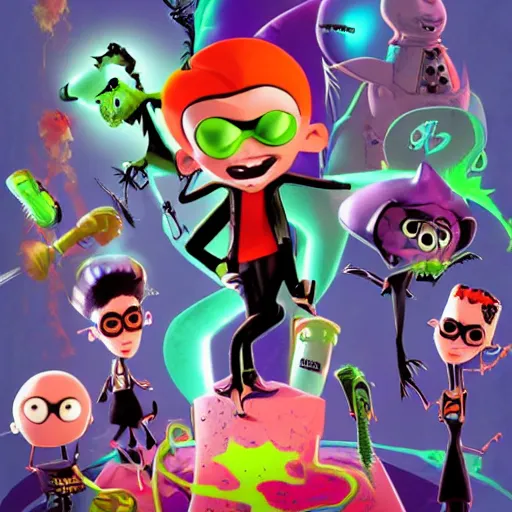 Prompt: psychic punk rocker electrifying rockstar with vampire squid head concept character designs of various shapes and sizes by genndy tartakovsky and splatoon by nintendo and the psychonauts franchise by doublefine tim shafer artists as well as the artist for the new hotel transylvania film