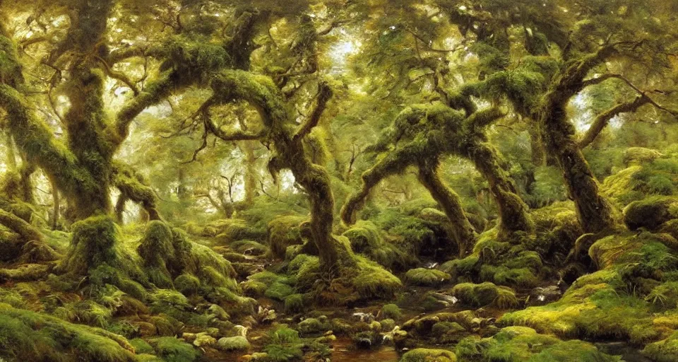 Image similar to ancient oak forest, mossy rocks, stream, oil painting, vivid colors, brush strokes, elegant, highly detailed, by richard schmid and john singer sargent