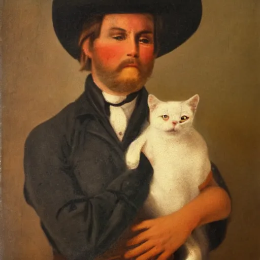 Prompt: close - up portrait of a cowboy holding a cat, 1 8 0 0 s