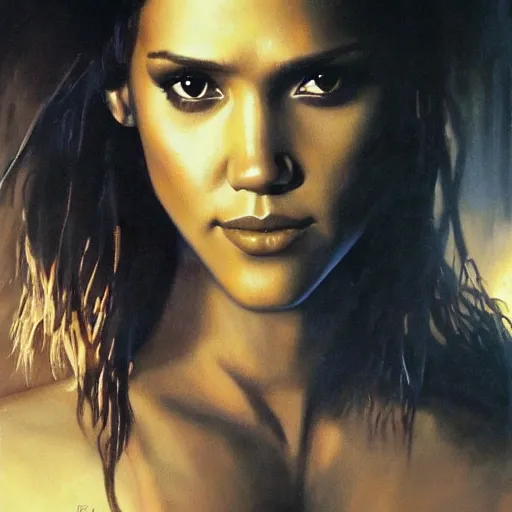 Image similar to ultra realistic portrait painting of jessica alba in underworld, art by frank frazetta, 4 k, ultra realistic, highly detailed, epic lighting.