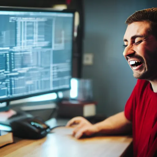 Image similar to a man with bloodshot eyes pointing at his computer screen and laughing