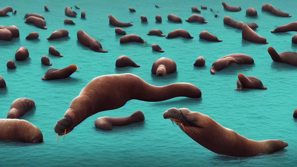 Image similar to an Epic Giant Walrus Battling floating over an army of 1000 Obama clones; cinema render by Beeple, 4K