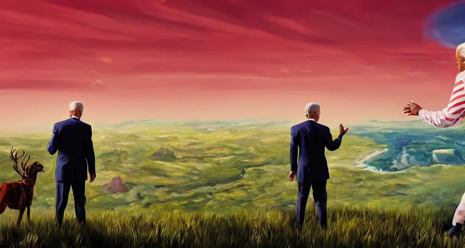 Image similar to a painting of Obama and Joe biden on a hill, a screenshot by Zack Snyder, behance contest winner, afrofuturism, concert poster, behance hd, movie poster,