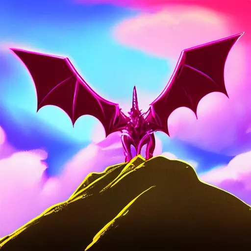 Image similar to aesthetic synthwave dragon on a mountain between the clouds