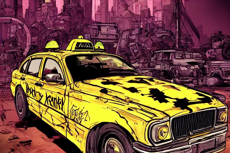 Prompt: cell shaded!! Taxi cab as Borderlands 3 concept art, llustration, concept art by Laurie Greasley, highly detailed, sharp focus,alien, HQ, 4K ,art by Laurie Greasley