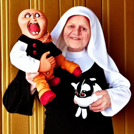 Image similar to a nun in church holding chucky the evil killer doll on her lap