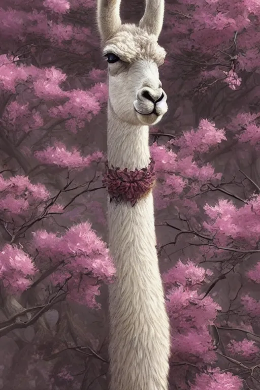 Image similar to Anthro Portrait of japanese llama, D&D, dark fantasy, anthro portrait, sakura blooming on background, intricate, elegant, llama portrait, highly detailed, digital painting, artstation, concept art, smooth, sharp focus, llama, illustration, art by artgerm and greg rutkowski and alphonse mucha, daily deviation, very very llama