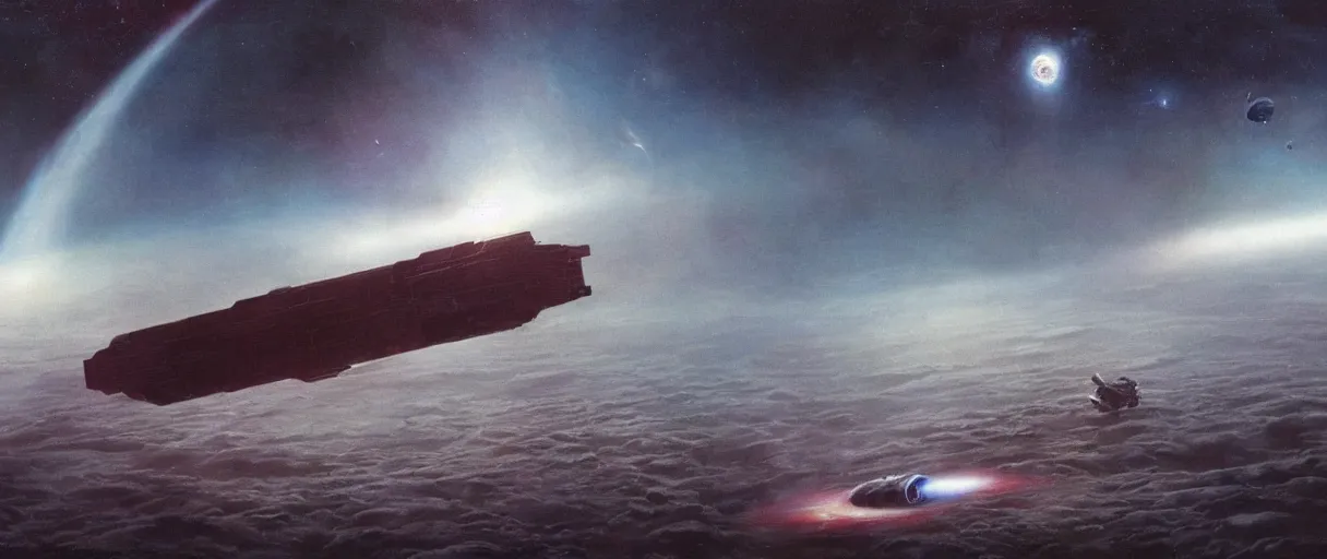 Image similar to concept art, a single lonely spaceship drifting in space, exploring, the expanse tv series, industrial design, lost in the immensity of space, spatial phenomena, cinematic lighting, 4k, greebles, widescreen ratio, wide angle, beksinski, sharp and blocky shapes