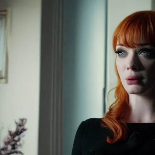 Image similar to amazing beautiful Christina Hendricks with an amazed look on her face in the living room, film still from the movie directed by Denis Villeneuve , wide lens