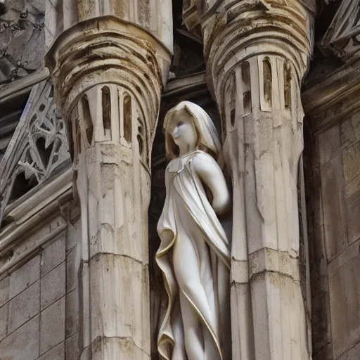 Image similar to architectural shot, no decaying lines, alabaster gothic cathedral, gothic sapphire female statue, intricate arabesque detailed silk dressed, macro head face