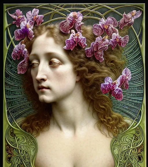 Image similar to beautiful orchid fairy detailed realistic porcelain face portrait by jean delville, gustave dore, iris van herpen and alphonse mucha, art forms of nature by ernst haeckel, art nouveau, symbolist, visionary, gothic, neo - gothic, pre - raphaelite, fractal lace, intricate alien botanical biodiversity, surreality, hyperdetailed ultrasharp octane render