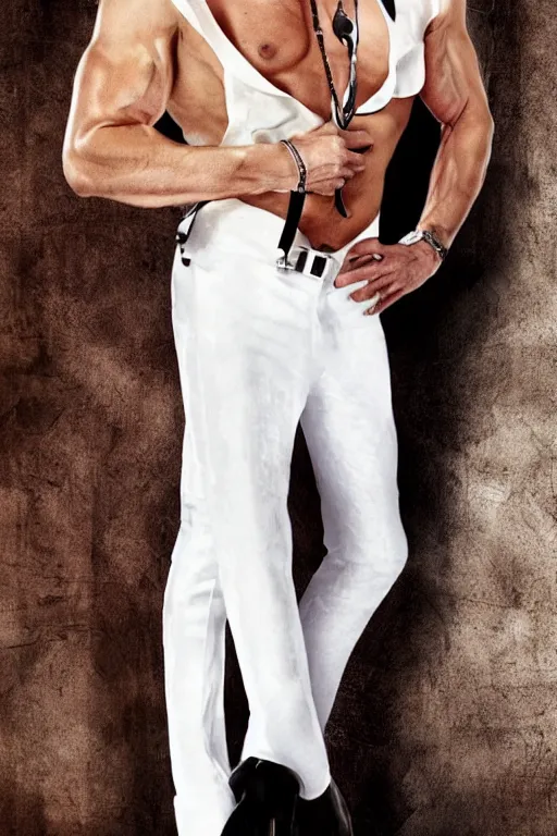 Image similar to romance novel cover with james bond wearing a leather vest and white linen pants, long swept back blond hair, chiseled good looks, muscular arms and chest, digital art