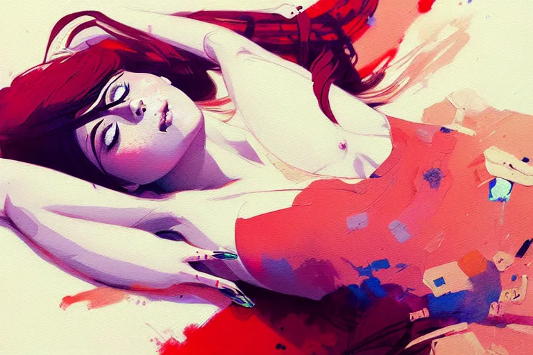 Image similar to a ultradetailed painting of a stylish girl waking up, she is wearing a tank top by conrad roset, greg rutkowski and makoto shinkai trending on artstation