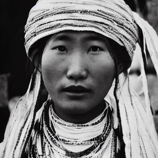Prompt: a Sebastião Salgado's photograph of portrait a tibetan young woman wearing a traditional dress looking at the camera, high quality, award wining, 4k
