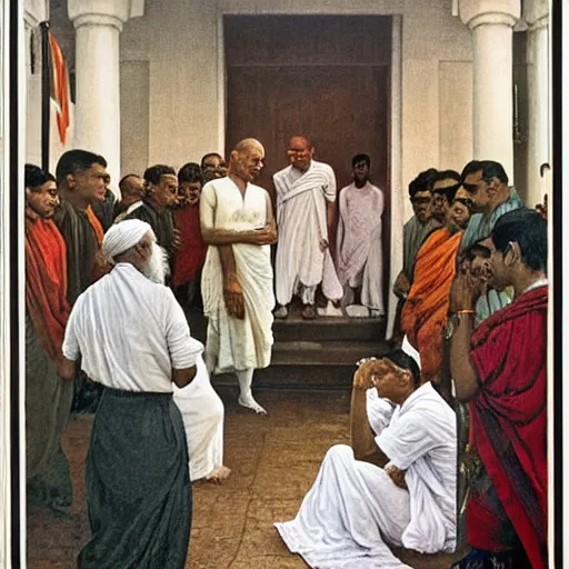 Prompt: normal rockwell painting of gandhi speaking to the indian people