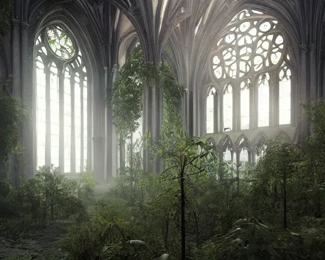 Image similar to Overgrown cathedral interior, broken windows, mild god rays, epic scale, cinematic lighting, dense vines hanging down from the high ceiling, digital art, trending on Artstation and Behance