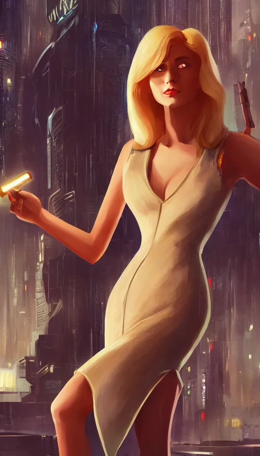 Prompt: a portrait of a beautiful blonde femme fatale woman wearing a cocktail dress, and pointing a pistol, long hair, in a futuristic blade runner city, art by Greg Orbik, Pixar, trending on Artstation, 8K,