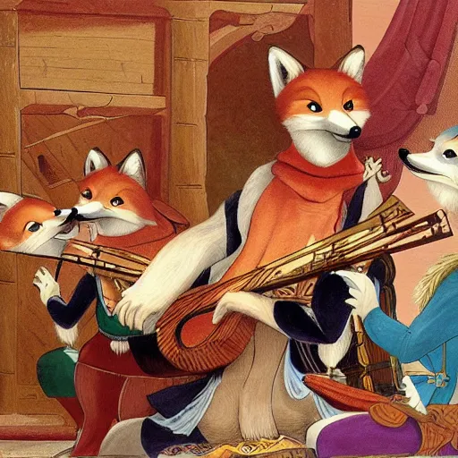 Image similar to An anthropomorphic fox playing the lute in a tavern full of anthropomorphic animals, by Ken Anderson and Don Bluth