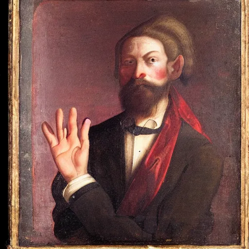 Image similar to a portrait of man with hand growing from his head, holding a red crystal