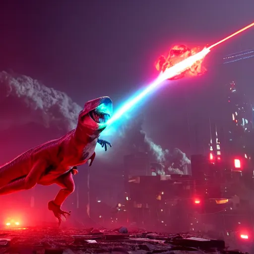 Image similar to a teradactyl dinosaur shooting lasers from is eyes flying over a destroyed city cyberpunk, fantasy, 4 k, octane render