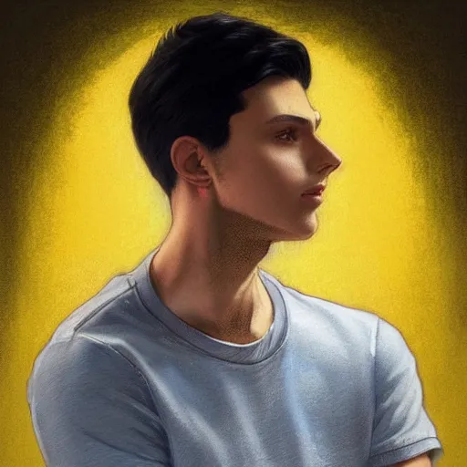 Image similar to ultra realistic illustration, a young man with black hair, in a yellow t - shirt, with blue eyes, highly detailed, digital painting, artstation, concept art, smooth, sharp focus, illustration, art by artgerm and greg rutkowski and alphonse mucha