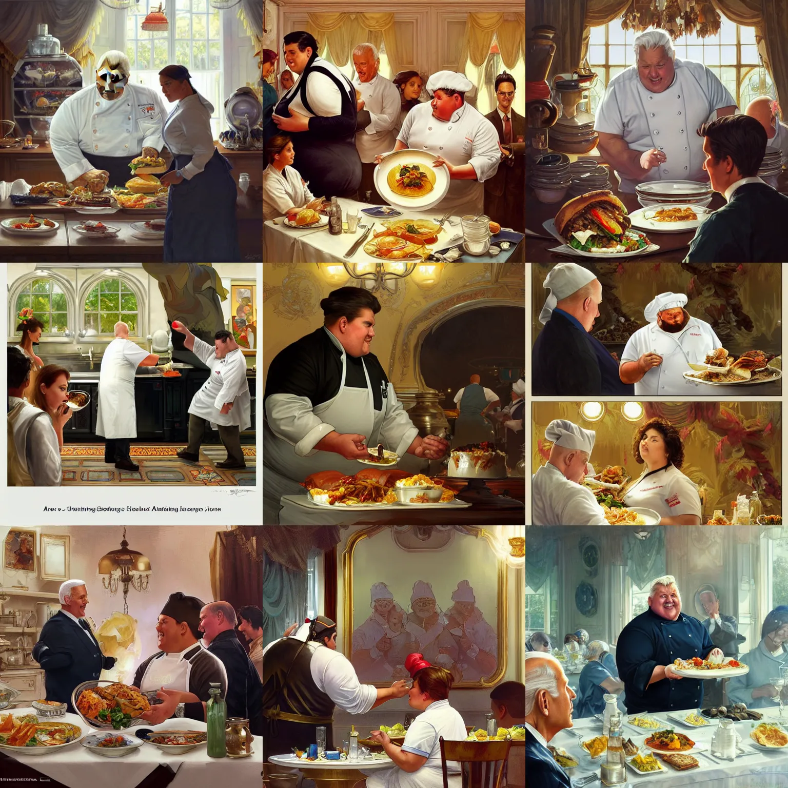 Prompt: an Obese chef serving unhealthy fattening food to Joe Biden at the white house, highly detailed, digital painting, artstation, concept art, sharp focus, illustration, art by artgerm and greg rutkowski and alphonse mucha and Norman Rockwell