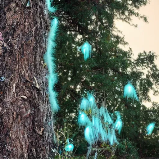 Prompt: photo of a dead tree that is infested with magical white hair-like fuzzy fungus with bioluminescence, photorealism, full view, reference image, documentation.