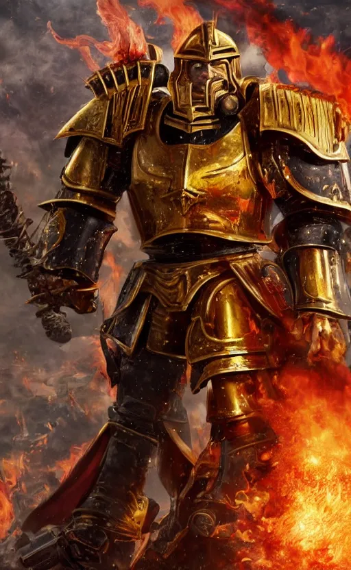 Prompt: 10 foot tall Henry Cavill as warhammer 40k Emperor of Mankind dressed in his golden power armor holding a flaming sword in his right hand. full-length portrait, beautiful face, long hair, painted by Donato Giancarlo and Annie Liebowitz, fine details, cinematic, highly detailed, octane render